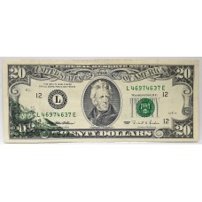 UNITED STATES OF AMERICA 1995 . TWENTY 20 DOLLARS BANKNOTE . ERROR . WET INK TRANSFER